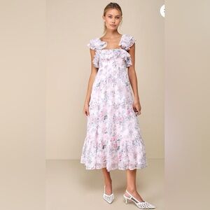 Genuine Sweetness Light Pink Floral Jacquard Lace-Up Midi Dress - LuLu sizeM